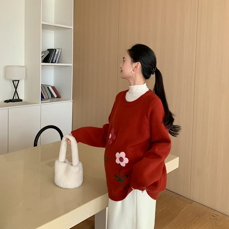 ZMA孕妇套【小花套头毛衣】秋冬冬季圆领毛衣孕妇女宽松中长款上衣