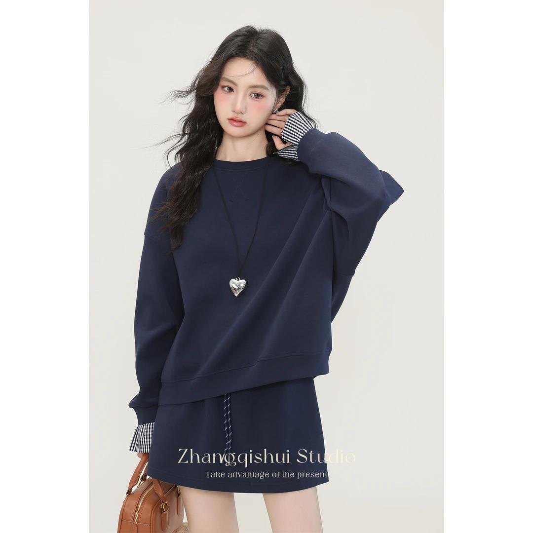 【ZBT直播间】圆领长袖卫衣高腰半身短裙藏青色两件套装女Z12613