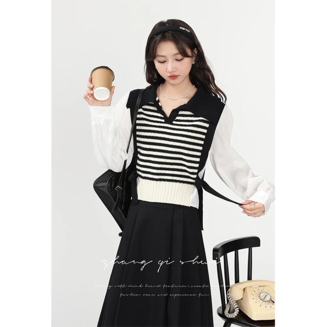 张小小2024条纹假两件衬衫针织娃娃领气质长袖上衣0561
