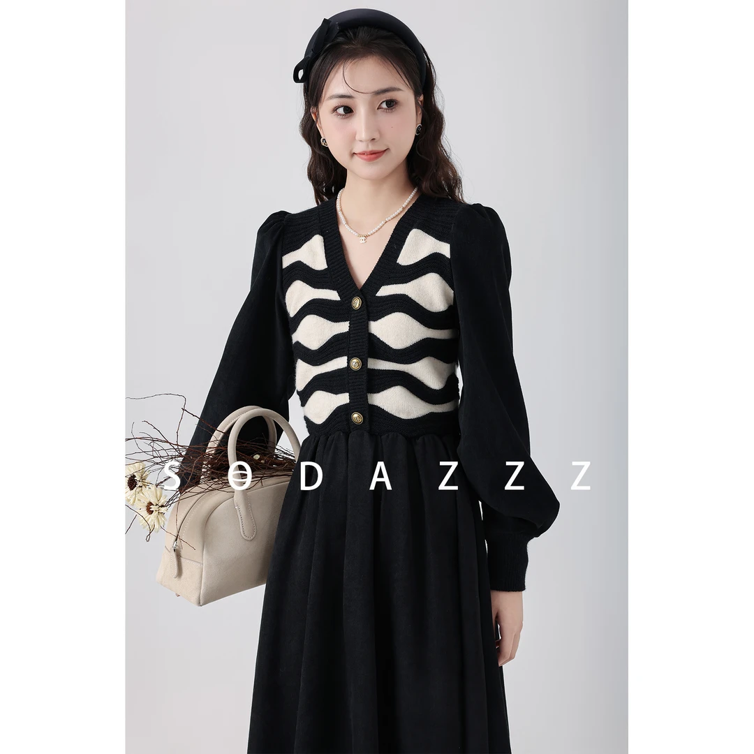 【ZBT直播间】早秋黑色v领轻熟风针织毛衣拼接假两件连衣裙ZQS02213