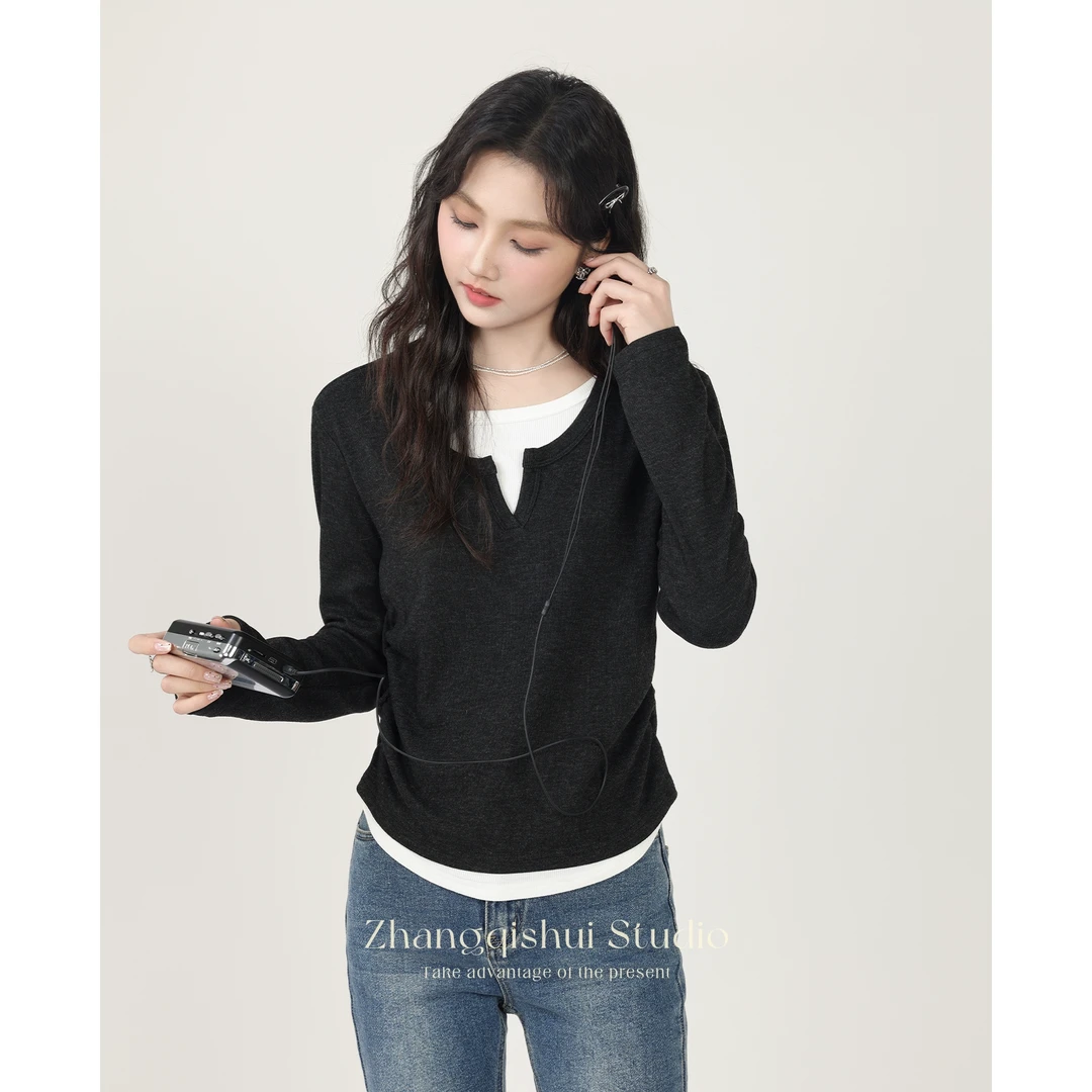 张小小黑色假两件打底衫t恤女v领内搭修身长袖上衣Z12712