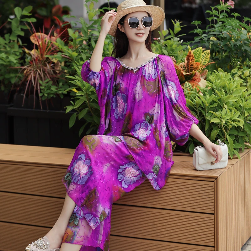 拜占庭的森林桑蚕丝套装印花刺绣女士亮片宽松休闲两件套大码气质