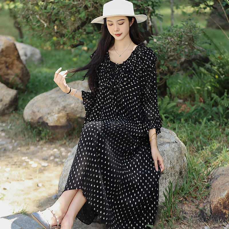 拜占庭的森林真丝套装女装时尚黑色高档轻奢气质印花桑蚕丝两件套