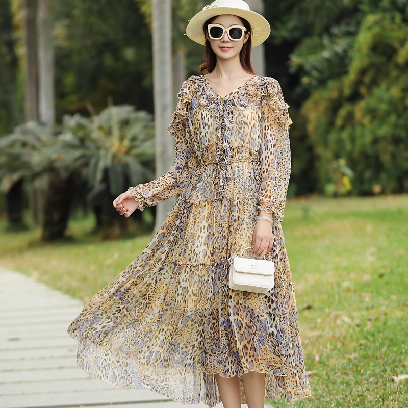 拜占庭的森林桑蚕丝连衣裙女高端轻奢上档次宽松显瘦印花度假长裙