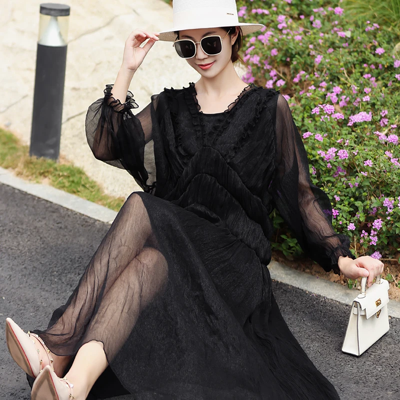 拜占庭的森林桑蚕丝连衣裙气质黑色系洋气时尚轻奢百搭休闲真丝裙
