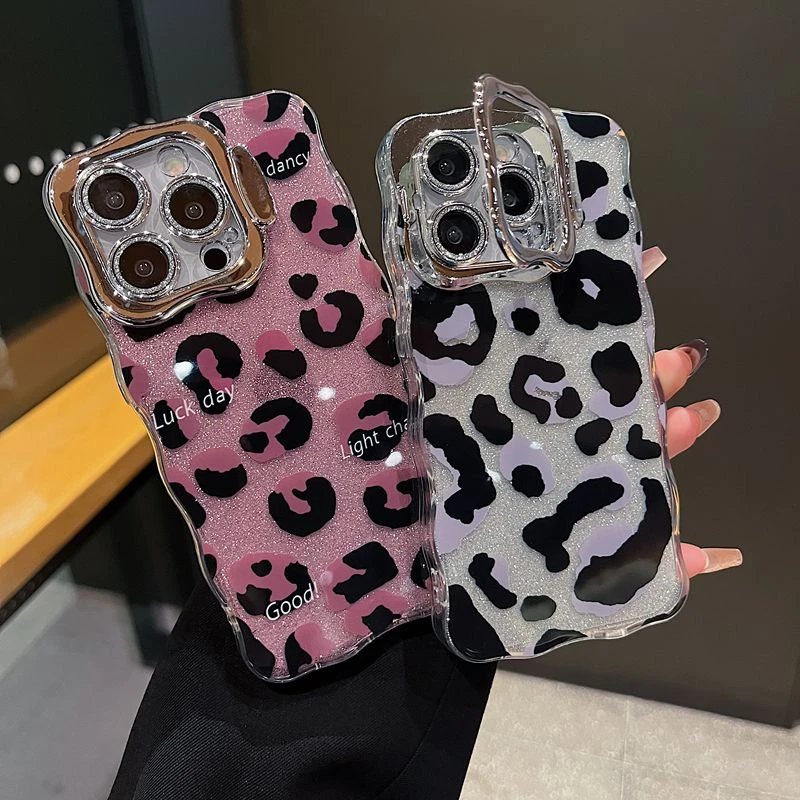 适用【苹果】系列iPhone16网红手机壳闪粉豹纹全包新款隐形支架