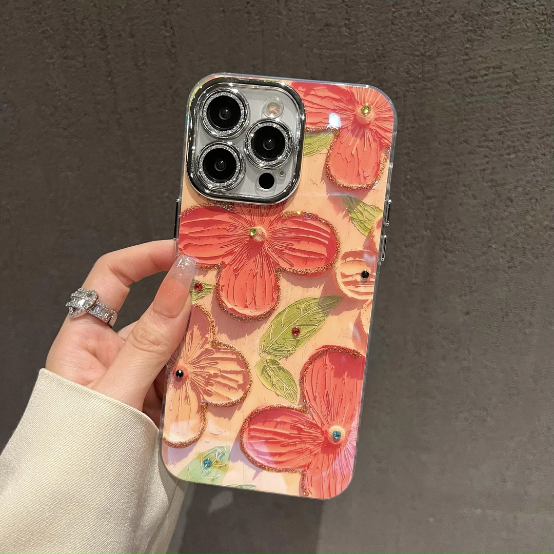 适用苹果系列iPhone14新款手机壳粉色油画花朵小清新闪粉镜头膜13