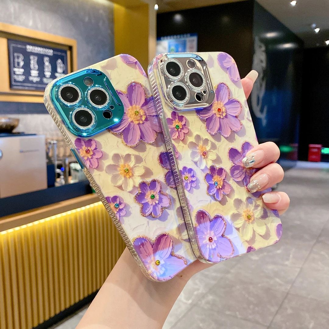 适用苹果华为系列iPhone15新款多色镜头框紫花白花14/13/12镜头膜