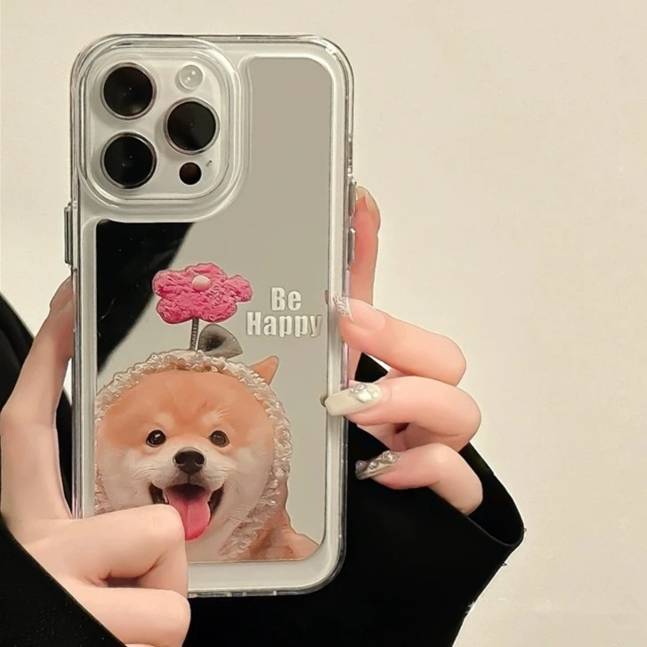 适用苹果系列iPhone14新款手机壳镜面可爱花朵柴犬小狗趣味ins风