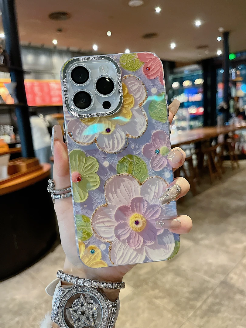 适用苹果系列iPhone15新款手机壳优雅花朵防摔包镜头膜14/13/12