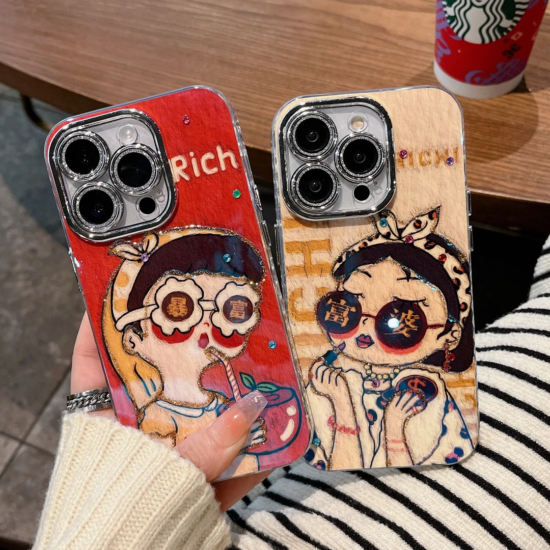 适用苹果系列iPhone15新款手机壳富婆暴富闪粉全包镜头膜14/13/12