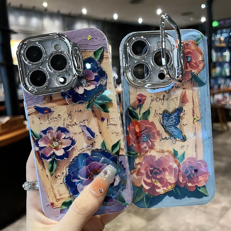 适用苹果系列iPhone15新款手机壳女款复古紫色书签立体花隐形支架