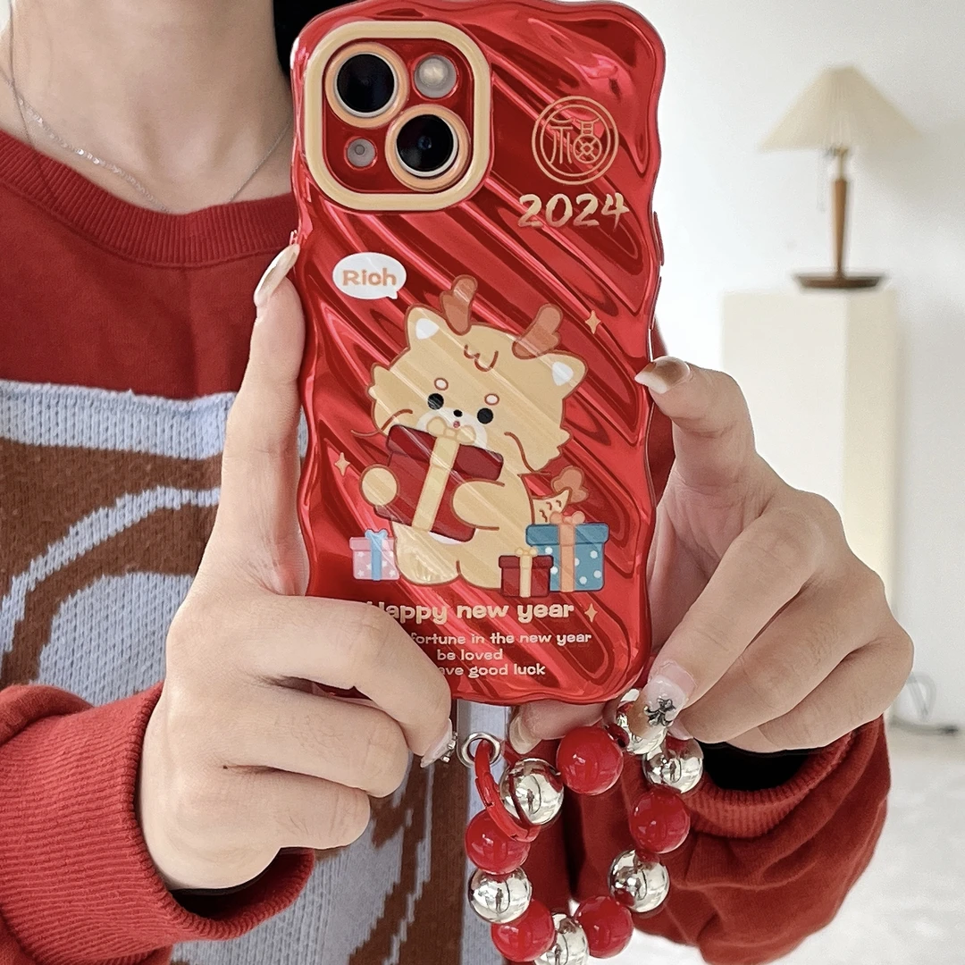 适用苹果系列iPhone15新款手机壳14/13/12新年麻花扭扭边龙龙防摔