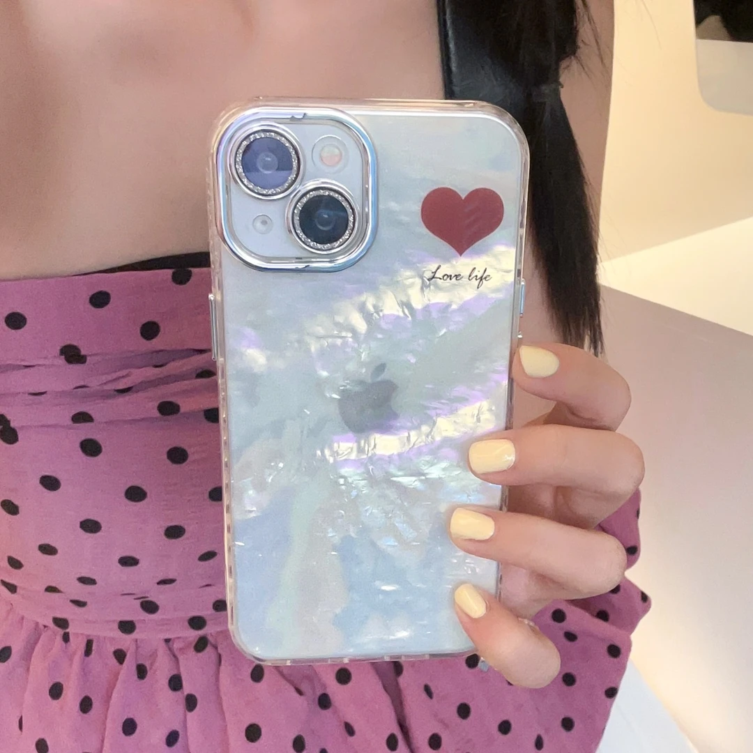 适用苹果系列iPhone14新款手机壳贝壳纹镭射红黑爱心简约时尚防摔