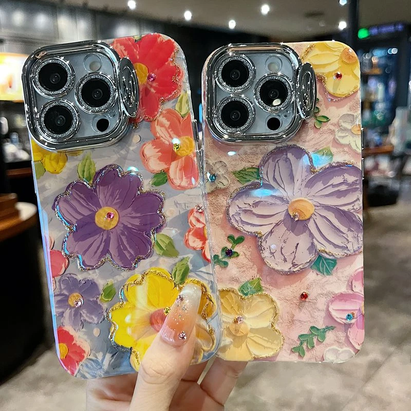 适用苹果系列iPhone15新款手机壳隐形支架粉色山茶花全包镜头膜