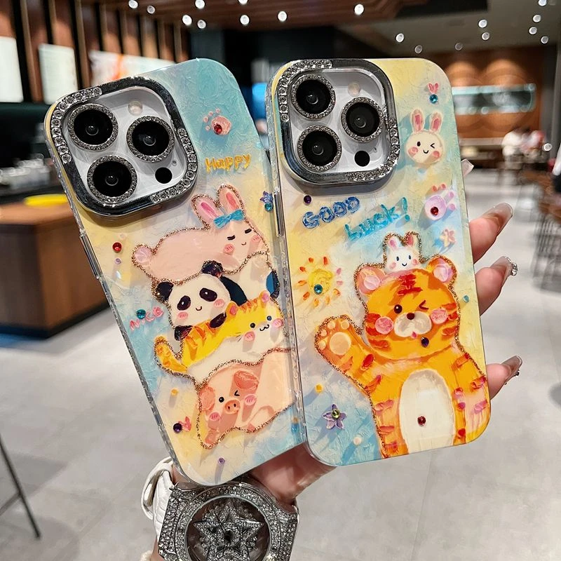 适用苹果系列iPhone16新款手机壳卡通可爱叠叠小动物半钻镜框高级