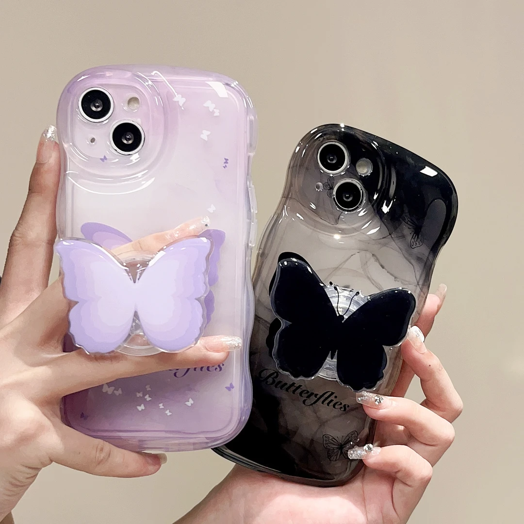 适用苹果系列iPhone15新款14/13防摔手机壳少女气垫优雅蝴蝶支架
