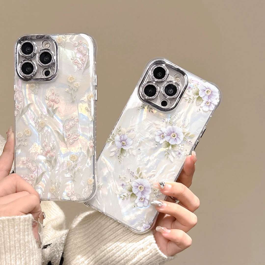 适用苹果系列iPhone15新款手机壳贝壳纹闪粉镜头紫花粉花全包防摔