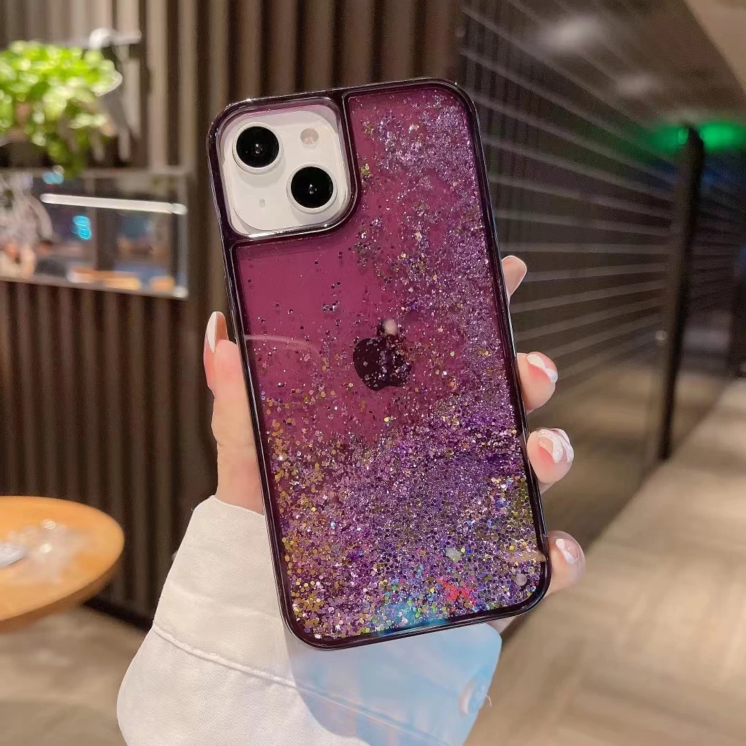 适用苹果系列iPhone14新款手机壳纯色透明流沙时尚闪粉简约防摔13
