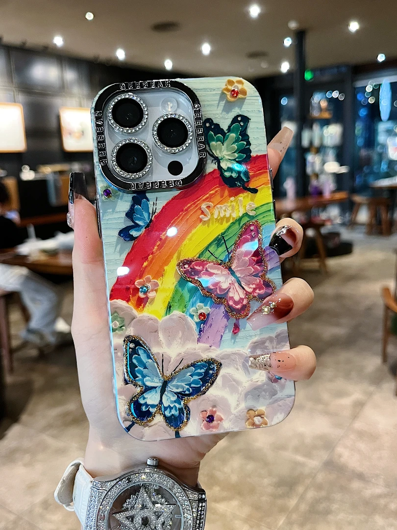 适用苹果系列iPhone15新款手机网红女款创意彩虹蝴蝶全包防摔14