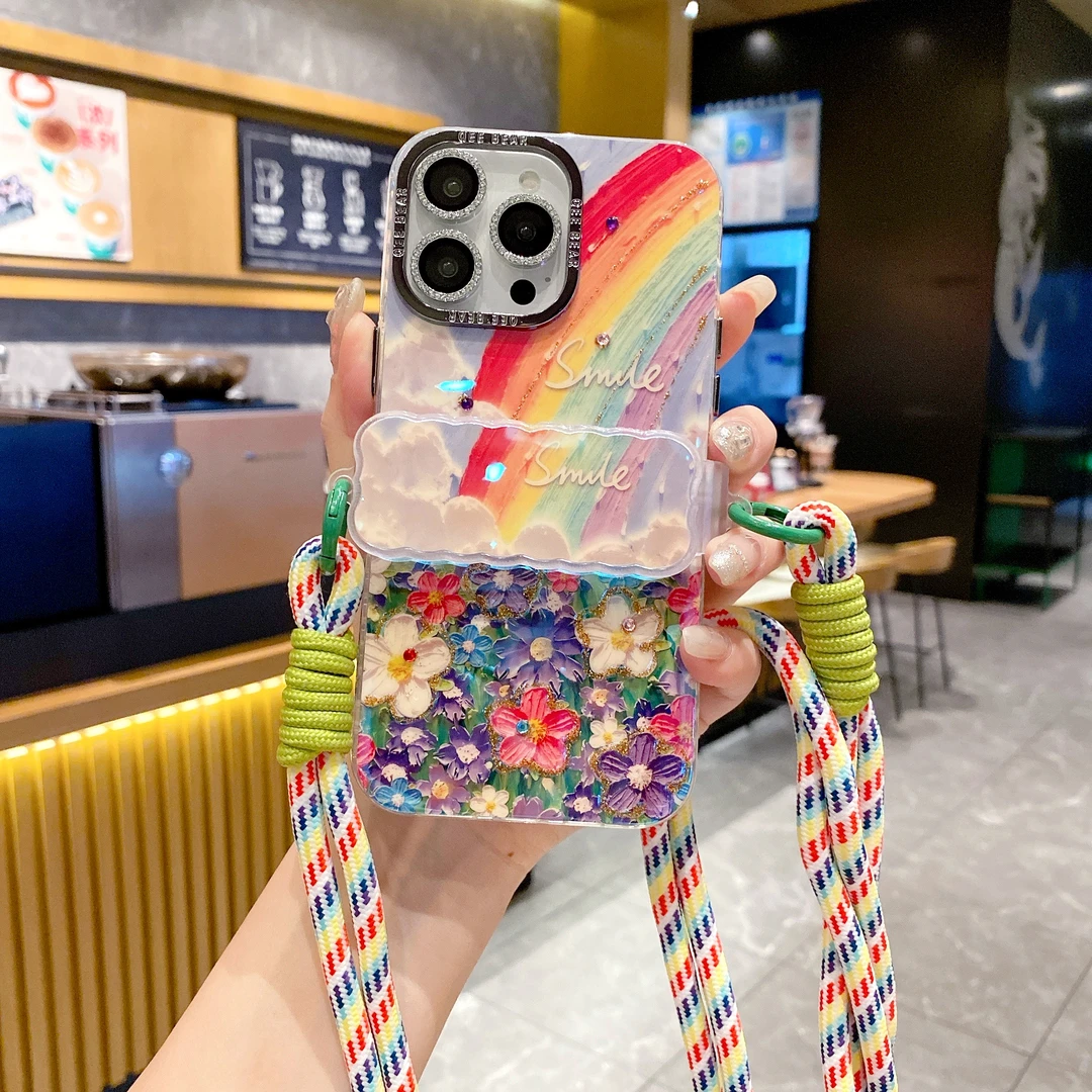 适用苹果系列iPhone15新款手机壳彩虹背夹花朵高级防摔14/13/12