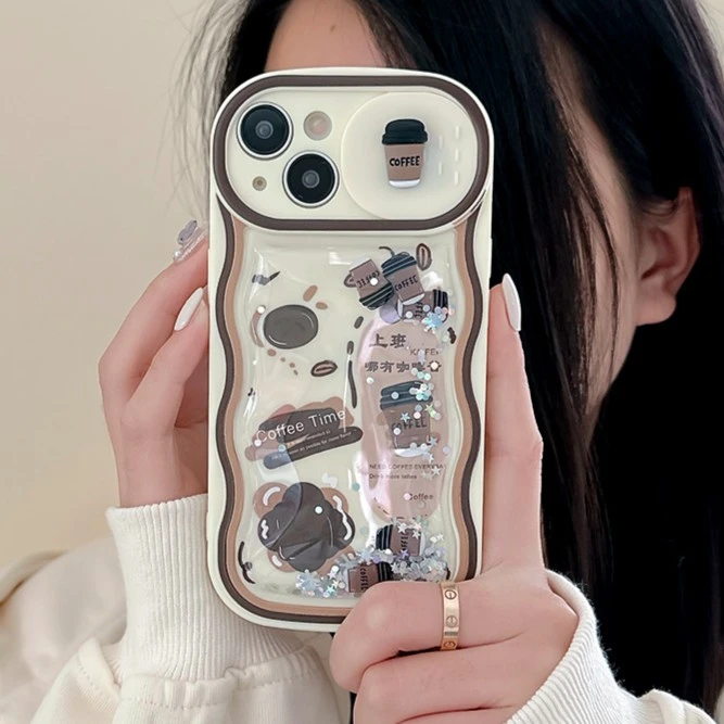 适用苹果系列iPhone14新款手机壳流沙美式咖啡立体推窗趣味文字13