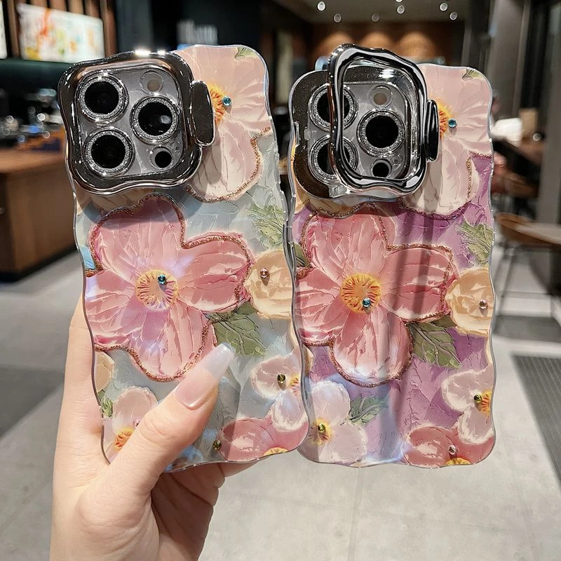 适用苹果华为系列iPhone16新款手机壳紫底粉黄大花朵支架镜头框