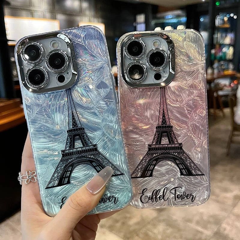 适用苹果系列iPhone15新款手机壳女款高级青春奢华粉铁塔全包防摔