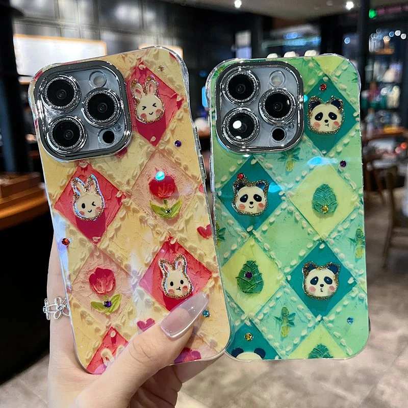 适用苹果华为系列iPhone15新款手机壳全包闪粉镜头卡通菱格兔子