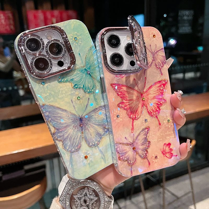 适用苹果系列iPhone16新款手机壳粉色晕染蝴蝶银灰色闪粉镜头支架