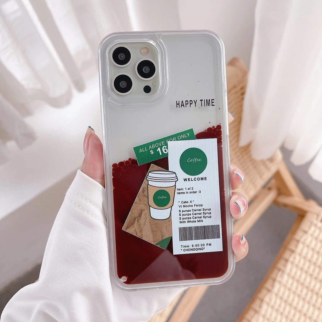 适用苹果系列iPhone14新款手机壳流动咖啡奶茶杯标签简约高级感13