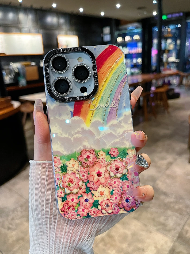 适用苹果系列iPhone15新款手机网红女款创意彩虹玫瑰花海半包防摔