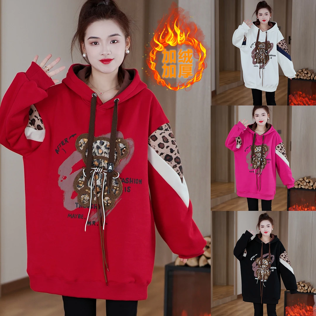 冬季新款 时尚刺绣小熊加绒加厚连帽套头卫衣女宽松百搭洋气上衣
