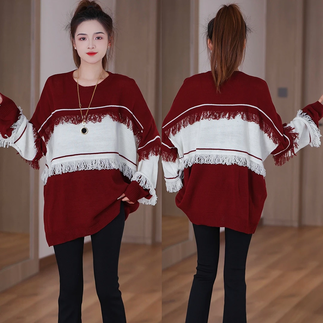 新款时尚流苏撞色拼接圆领毛衣女士秋冬宽松洋气显瘦内搭春季上衣
