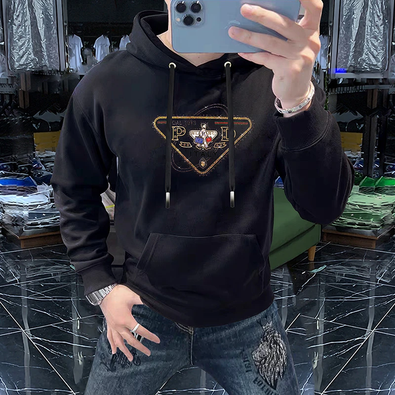 2023秋冬季新款修身连帽卫衣男欧美潮牌字母卡通套头上衣加绒外套