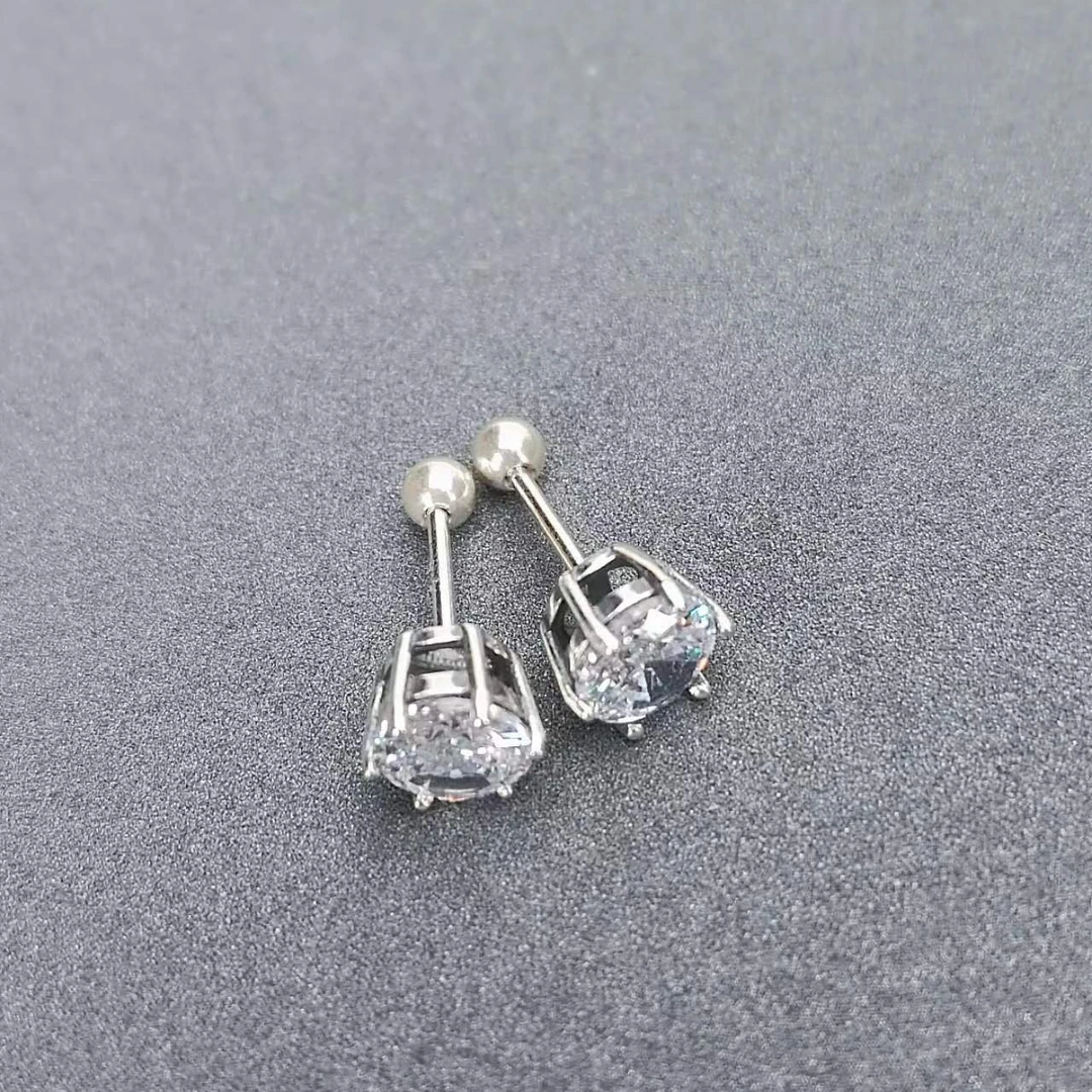 925银合成锆石耳饰  拧螺丝款简约六爪耳钉镶嵌经典精致百搭单钻
