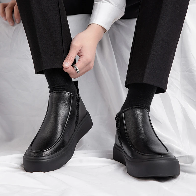 冬季高帮百搭新款牛皮休闲真皮加绒秋季牛皮侧拉链休闲男皮鞋舒适