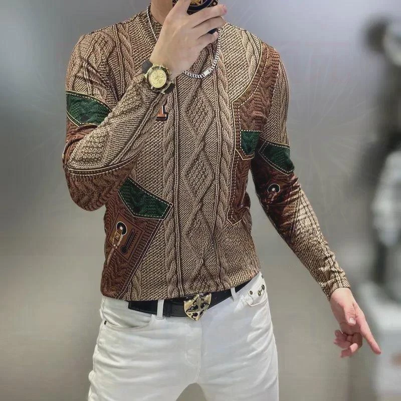 欧洲站秋季标新款麻花纹路字母胸男士新款高端男士长袖t恤上衣男