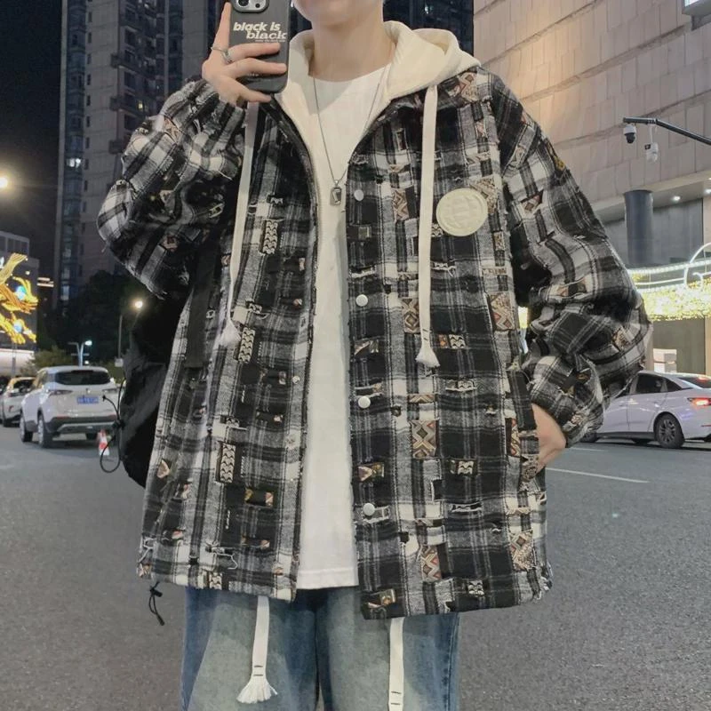 破洞外套男春秋款宽松帅气青少年夹克连帽学生假两件潮牌秋装上衣