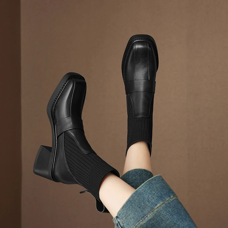 M001【断码清货】牛皮针织英伦风方头女短靴舒适时尚百搭手工靴