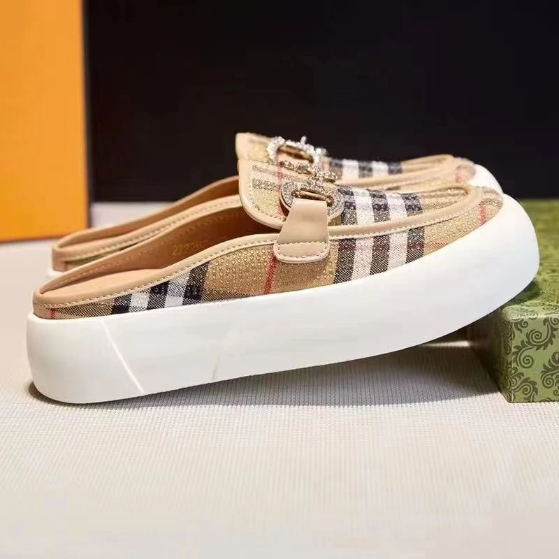 女厚底半拖一脚蹬休闲鞋2025新款百搭格子拖鞋时尚格子女鞋3199