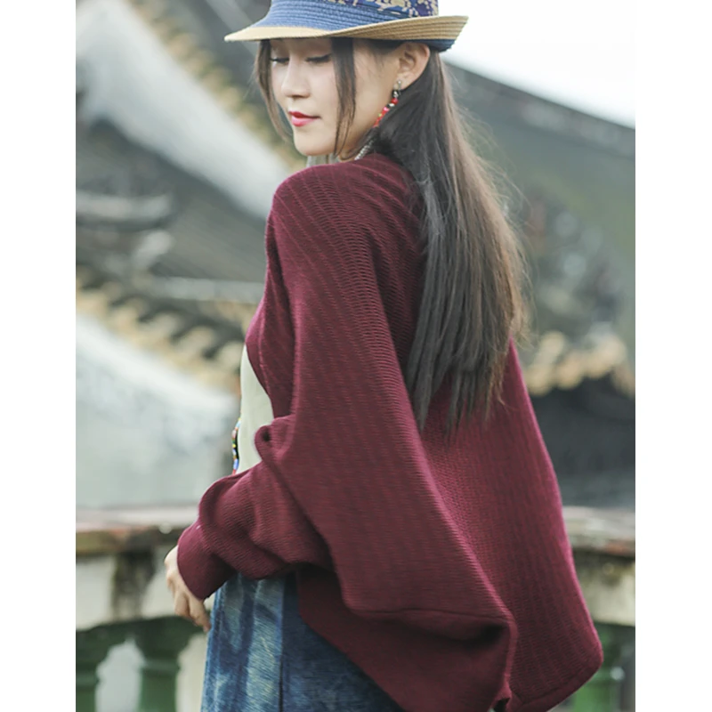 读你原创民族风纯色复古格调宽松春秋休闲气质毛衣外套/6313