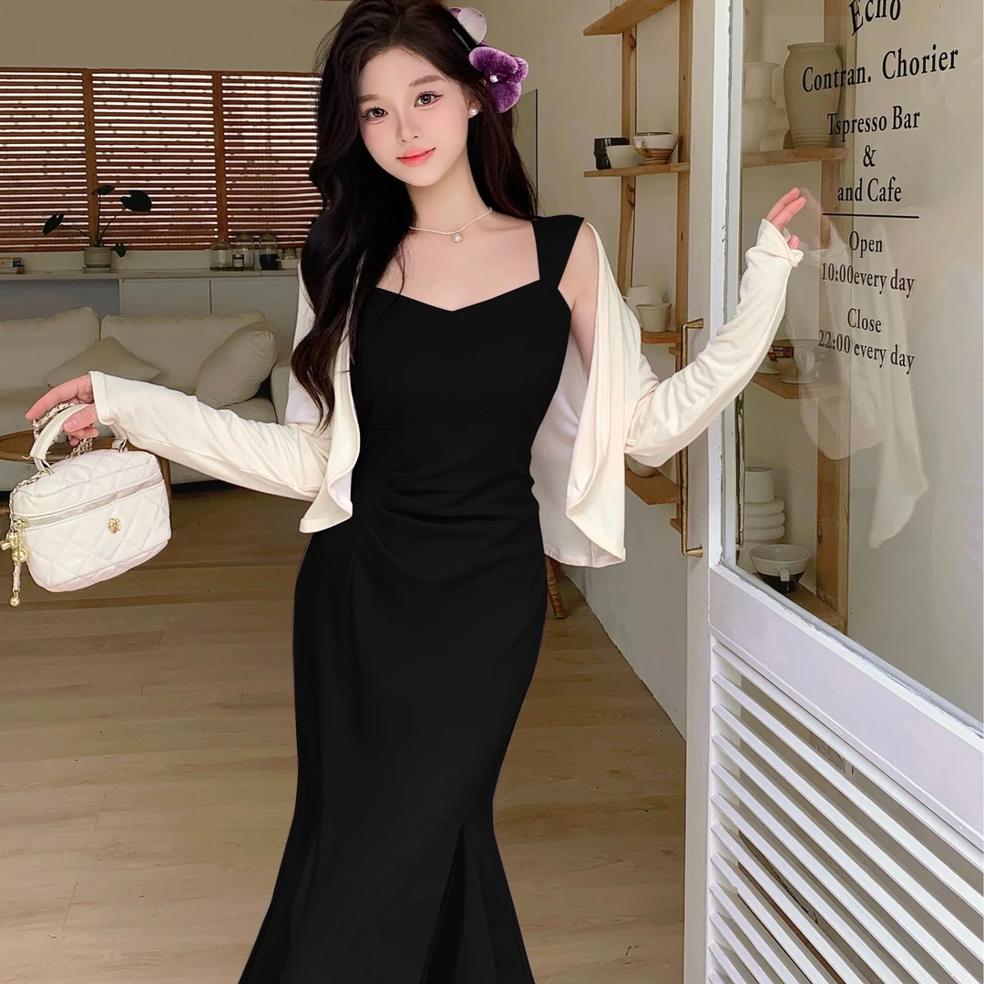 2024夏新款网纱开衫收腰遮肉显瘦方领连衣裙修身甜美气质名媛性感