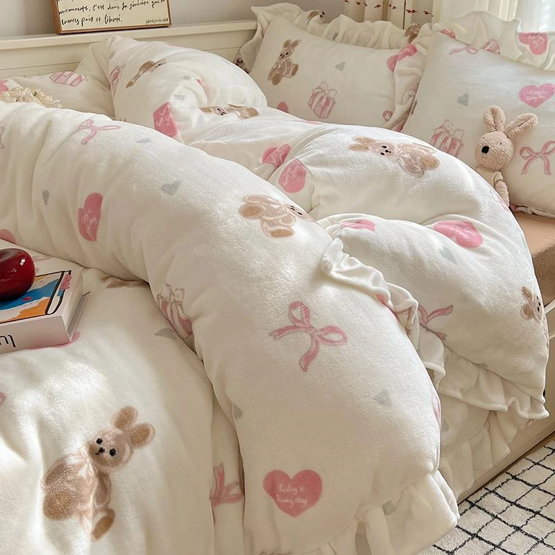 公主风加厚牛奶绒床上四件套冬季双面绒被套保暖珊瑚绒床单三件套