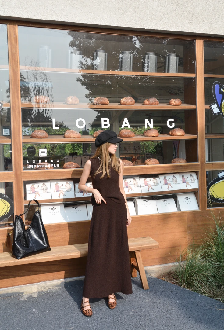 优雅深棕色无袖高领设计显瘦气质针织复古两件套