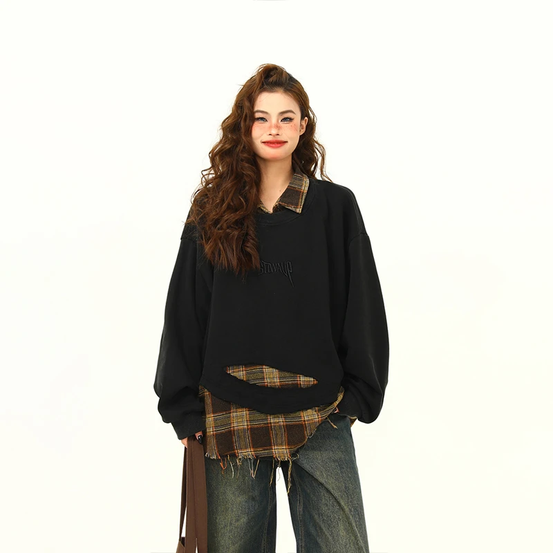 野生阿子假两件设计感做旧复古拼接卫衣女美式街头嘻哈情侣外套潮