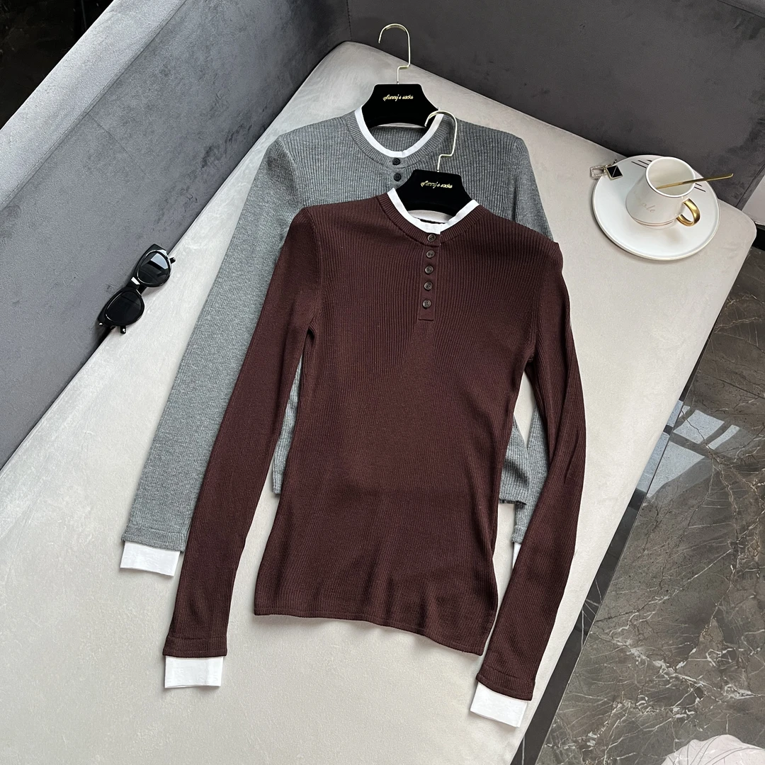 假两件针织衫女24秋冬新款修身打底衫 -24703