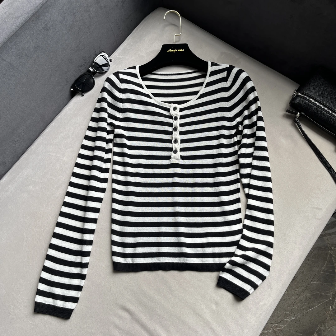 条纹针织衫百搭慵懒风薄款打底衫-24697