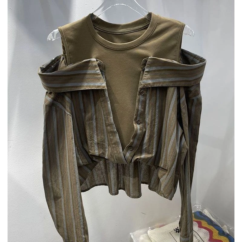 法式圆领拼接格子衬衫女2024新款性感露肩假两件小衫潮