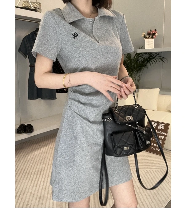 系运动风刺绣短袖连衣裙丘比特2024polo韩休闲通勤收腰显瘦裙子女